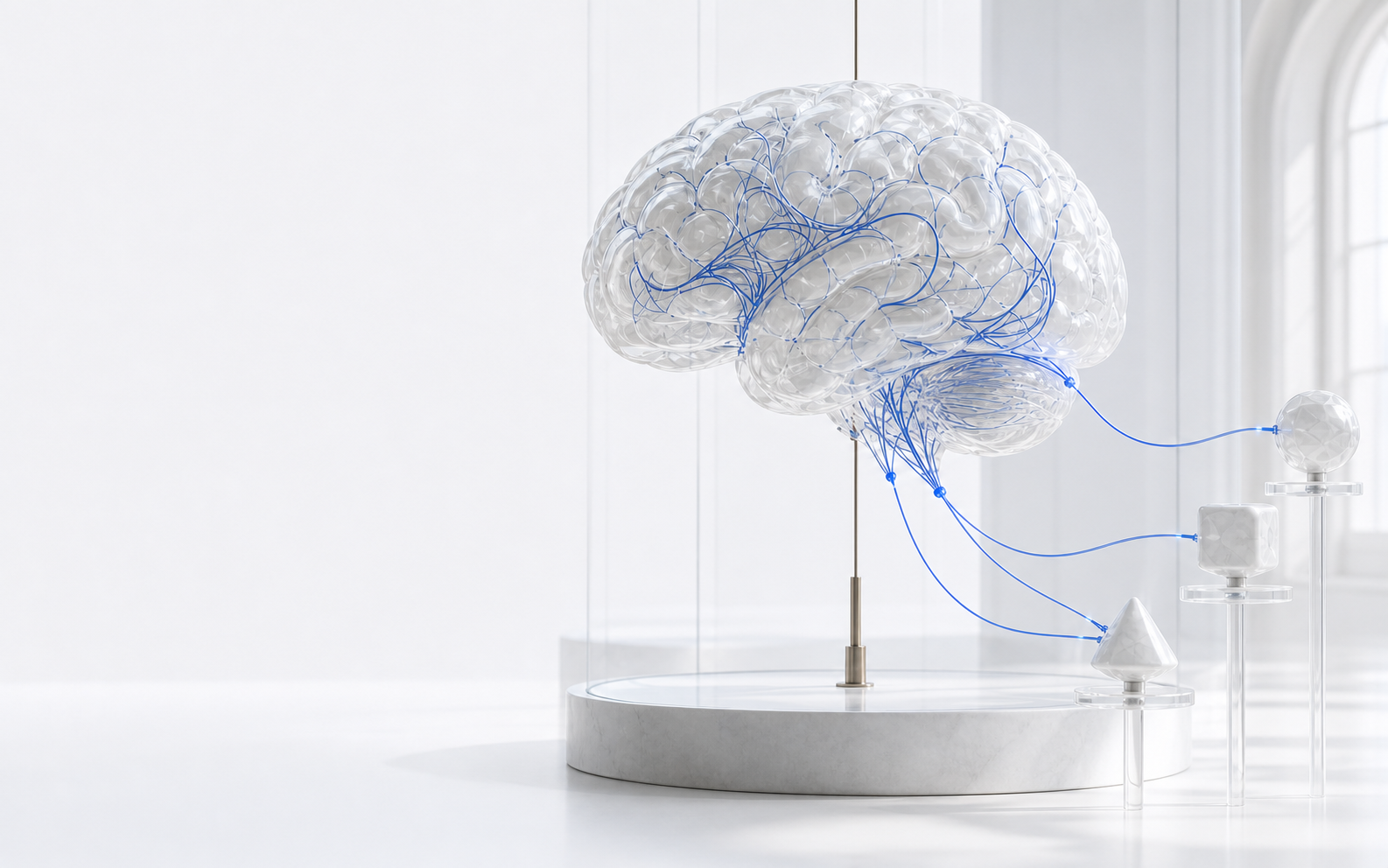 A translucent brain connected by fine blue threads to three abstract agent forms